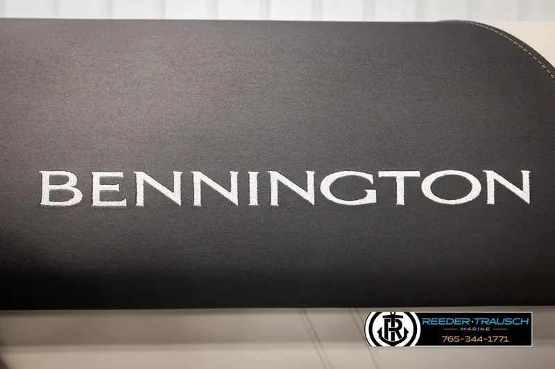 Slide: The Image of Bennington 22 SSRSF 2026 boat seat with logo, Reeder-Trausch Marine contact details. - 40
