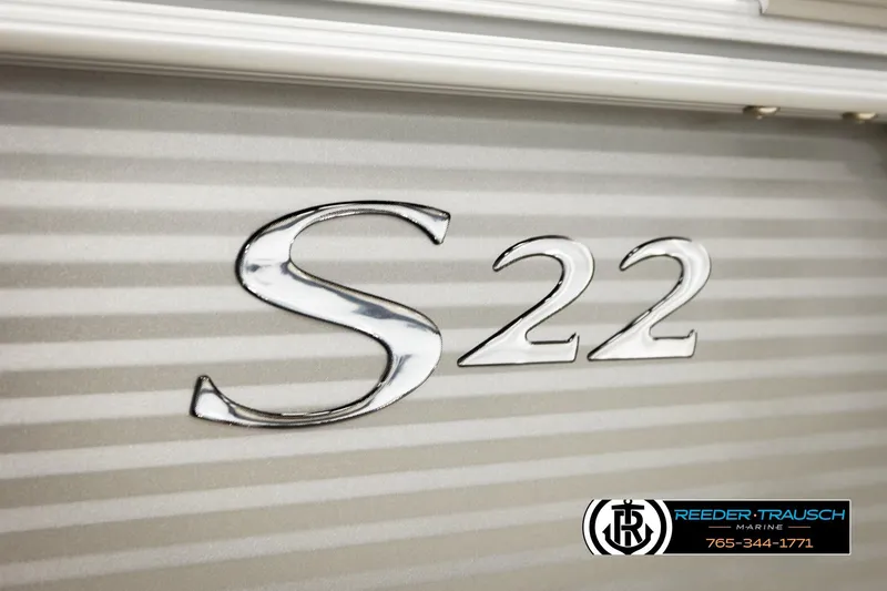 Slide: The Image of Close-up of 2026 Bennington 22 SSRSF model emblem with Reeder-Trausch Marine logo. - 47
