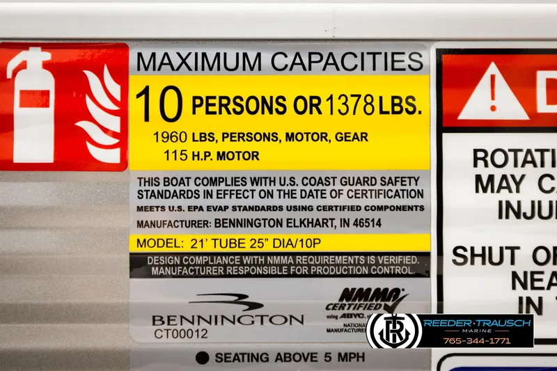 Slide: The Image of Bennington 22 SSRSF 2026 boat capacity label, 10 persons, 1960 lbs, 115 HP motor. - 50