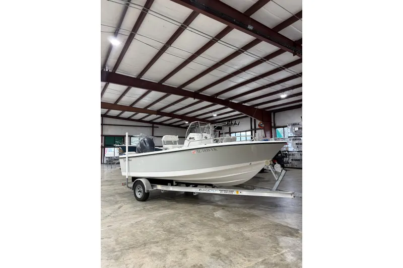 Slide: The Image of 2021 Edgewater 188CC boat on trailer in indoor storage facility. - 1