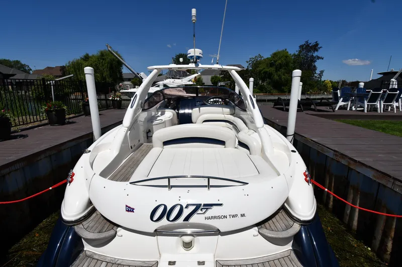 Slide: The Image of Sunseeker Superhawk 34 boat, year 2000, docked at marina. - 8