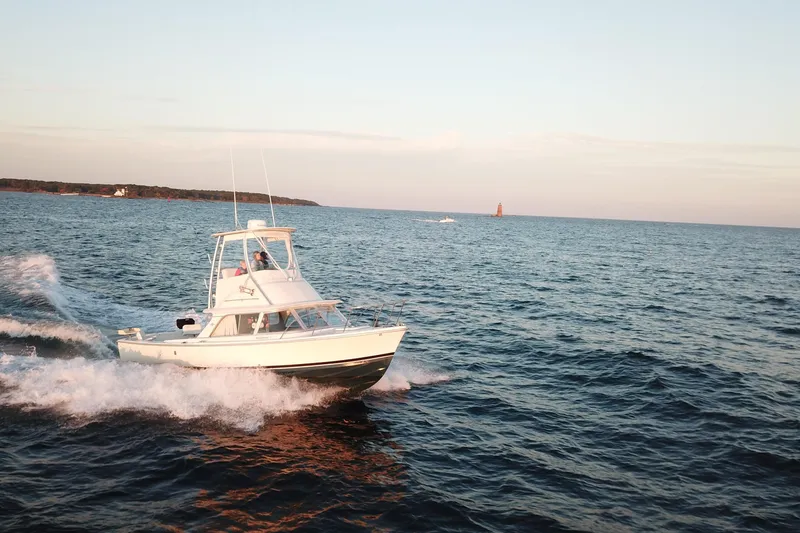 The Image of 1973 Bertram 31 Flybridge Cruiser navigating ocean waves at sunset. - 0