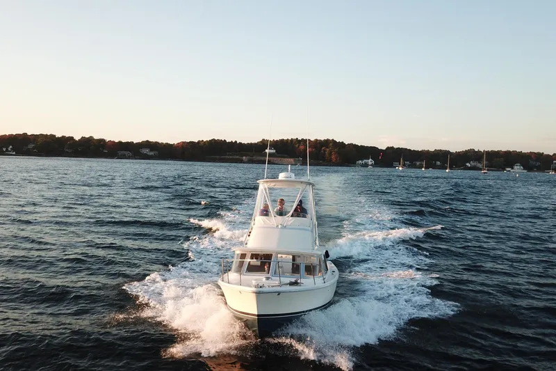 Slide: The Image of 1973 Bertram 31 Flybridge Cruiser navigating open waters at sunset. - 9