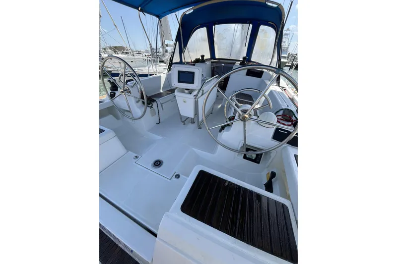 Slide: The Image of 2017 Jeanneau Sun Odyssey 419 cockpit with dual steering wheels and navigation equipment. - 10