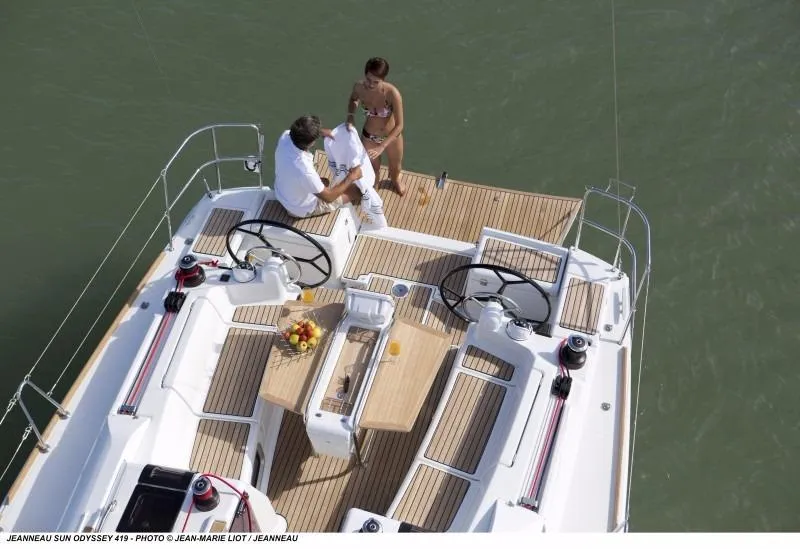 Slide: The Image of Manufacturer Provided Image: Couple enjoying the deck of a 2017 Jeanneau Sun Odyssey 419 sailboat. - 4