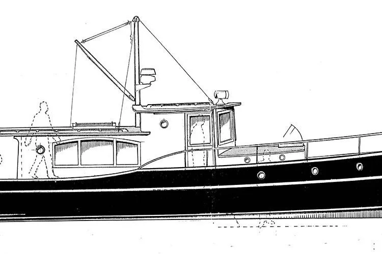 Slide: The Image of Line drawing of a 1996 Devlin 38 boat, showcasing detailed side profile and design elements. - 15