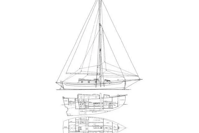 Slide: The Image of Blueprint of 1997 Bristol Channel Cutter 28 sailboat, showcasing side and interior views. - 11