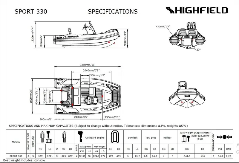Slide: The Image of Manufacturer Provided Image: Highfield Sport 330 2021 specifications sheet with detailed dimensions and capacities. - 12