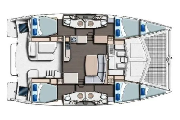 Slide: The Image of Floor plan of a 2014 Leopard 44 catamaran, featuring cabins, saloon, and deck layout. - 35