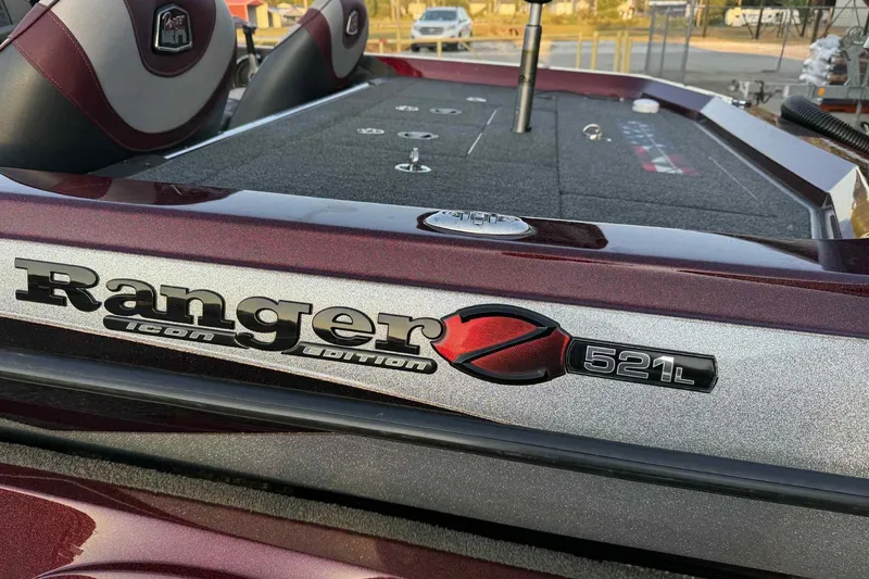 Slide: The Image of 2018 Ranger Z520L boat, maroon and silver, with "Icon Edition" branding. - 5