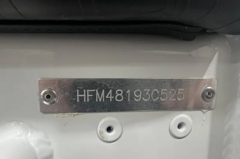 Slide: The Image of Serial number plate on 2025 Highfield Velox 420 boat, displaying "HFM48193C525". - 19