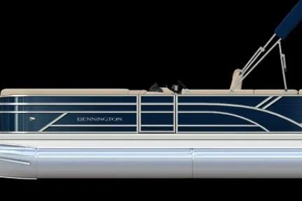 Slide: The Image of 2026 Bennington 20 SL pontoon boat, sleek design, side view, navy and beige color scheme. - 14