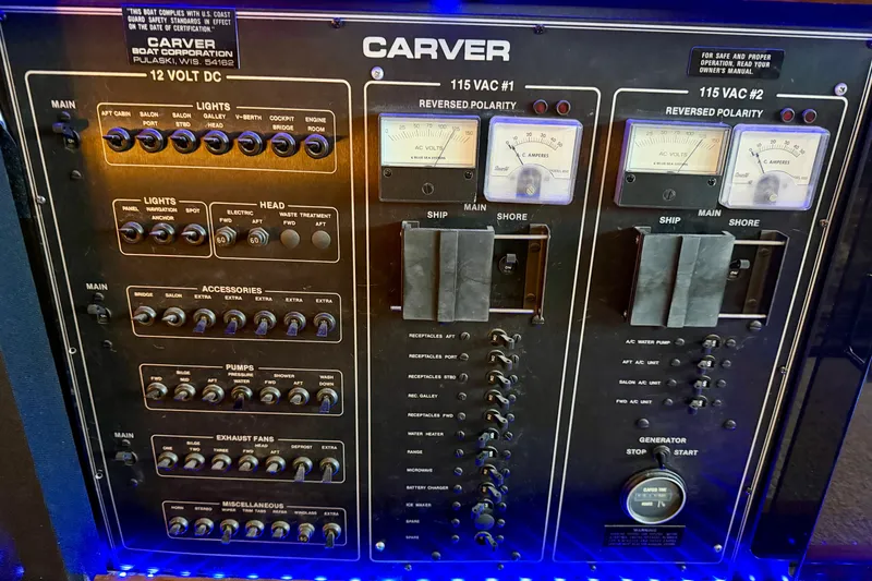 Slide: The Image of Electrical control panel of a 1987 Carver 4207 Aft Cabin Motor Yacht. - 48