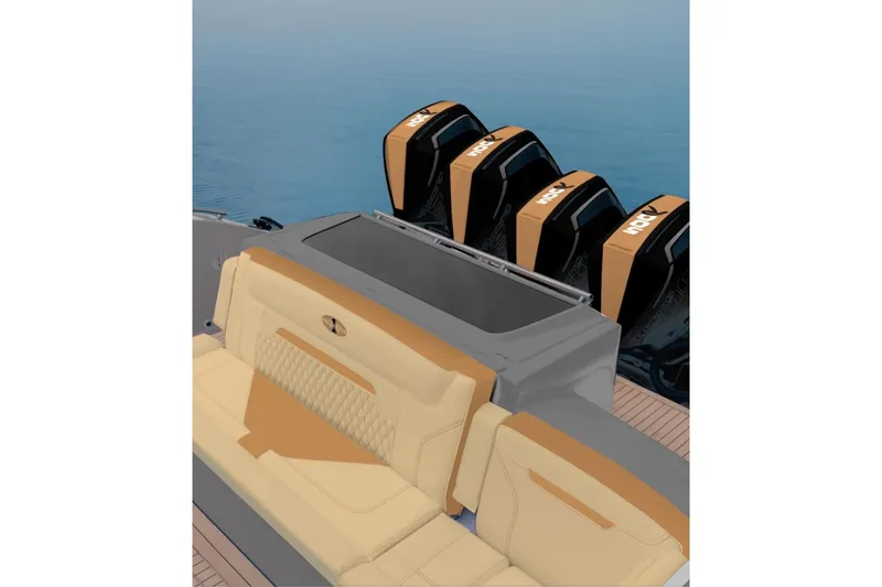 Slide: The Image of Luxury seating in 2026 Cigarette Thunder boat, featuring beige and tan upholstery. - 6