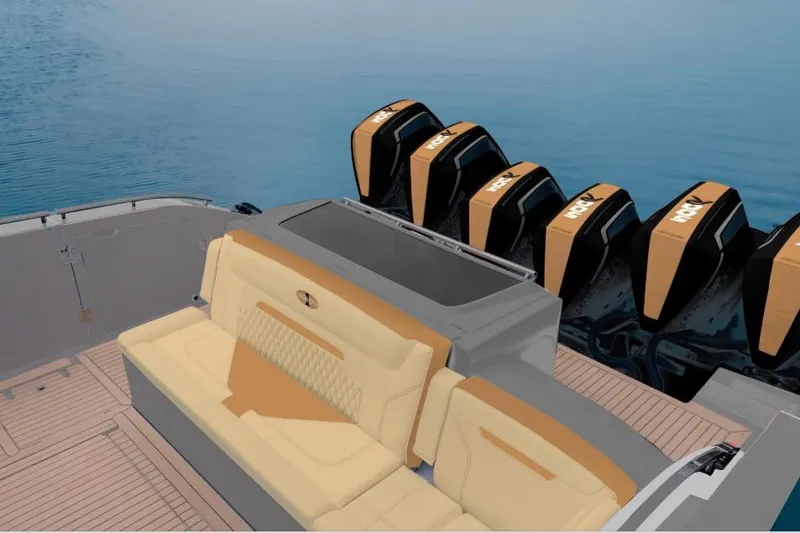 Slide: The Image of Luxurious interior of 2026 Cigarette Thunder boat with beige seating and skylight. - 9