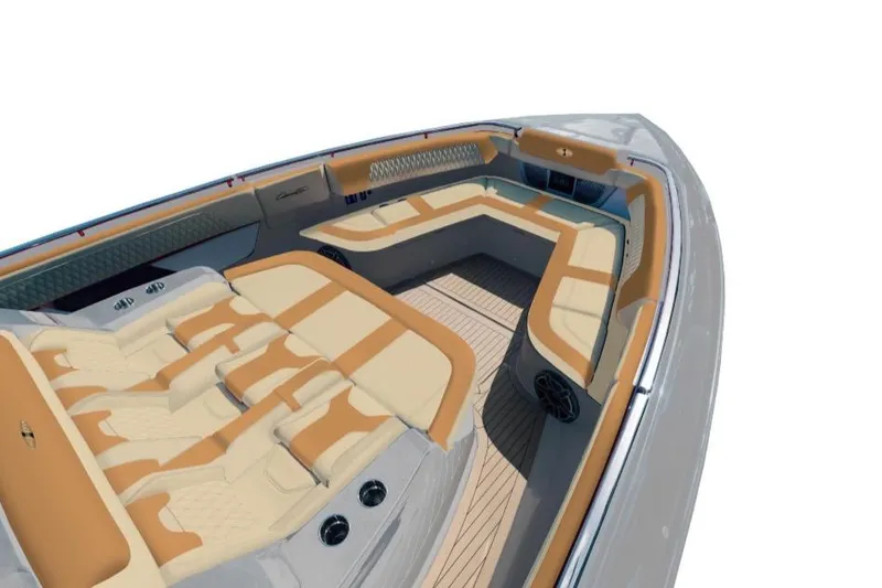 Slide: The Image of Luxury Cigarette Thunder 2026 boat with beige seating and four powerful outboard engines. - 7