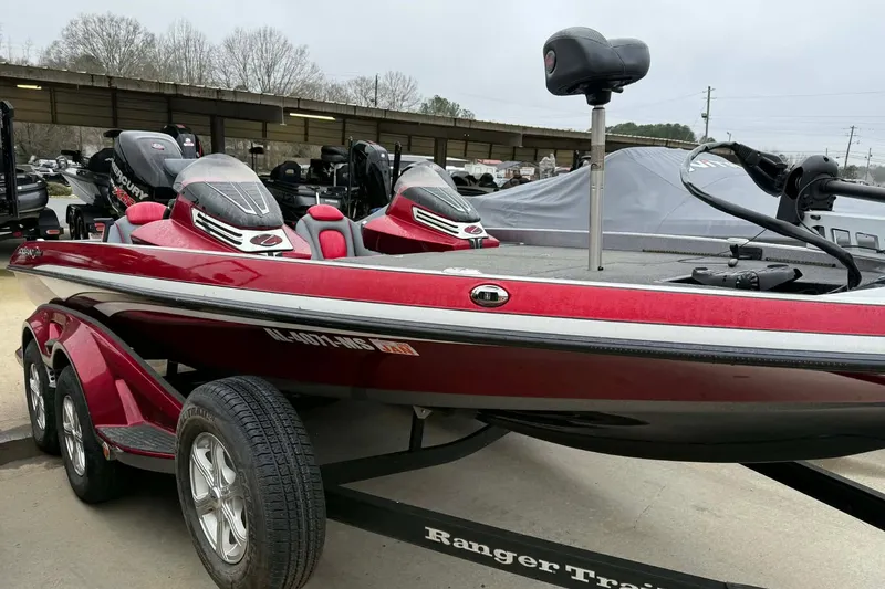 Slide: The Image of 2015 Ranger Z518 Comanche boat in red, parked on a trailer. - 1
