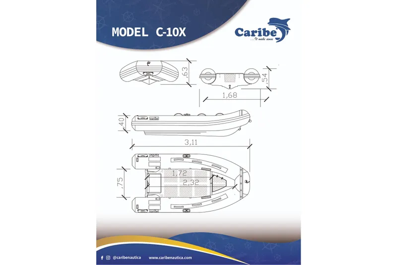 Slide: The Image of Blueprint of Caribe C10X inflatable boat, 2014 model, with detailed dimensions. - 16
