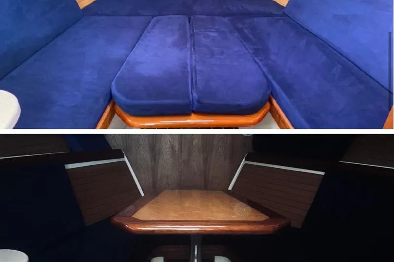 Slide: The Image of Interior of a 2006 Back Cove 29 boat with blue seating and wooden table. - 5