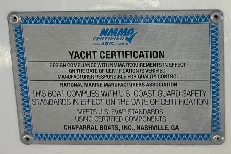 Slide: The Image of 2017 Chaparral 2870 SSX yacht certification plaque, NMMA and U.S. Coast Guard compliant. - 42