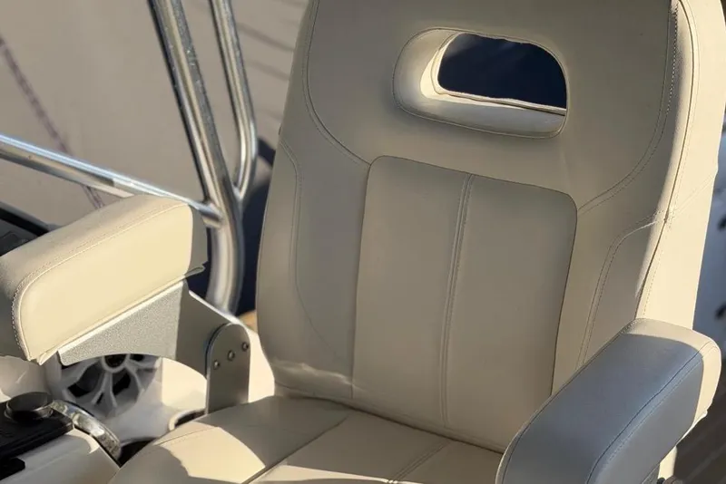 Slide: The Image of Century 3100 Walk-Around 2000 boat seat, beige leather, with armrest and metal frame. - 10