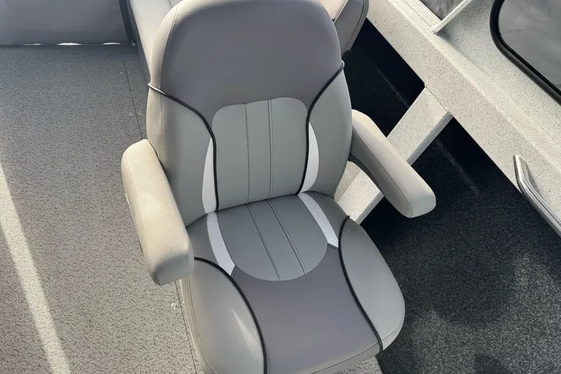 Slide: The Image of Comfortable seating in KingFisher 2025 Escape boat, 2026 model, featuring sleek gray design. - 24