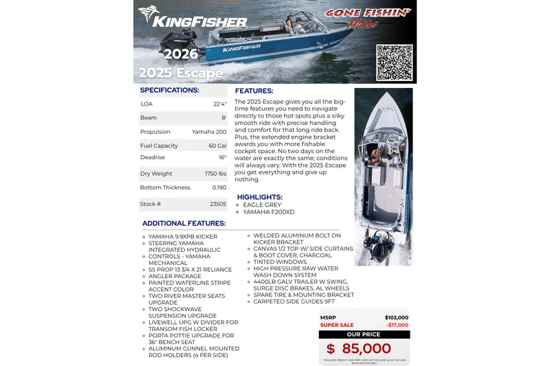 Slide: The Image of KingFisher 2025 Escape boat brochure showcasing features, specifications, and pricing details. - 31