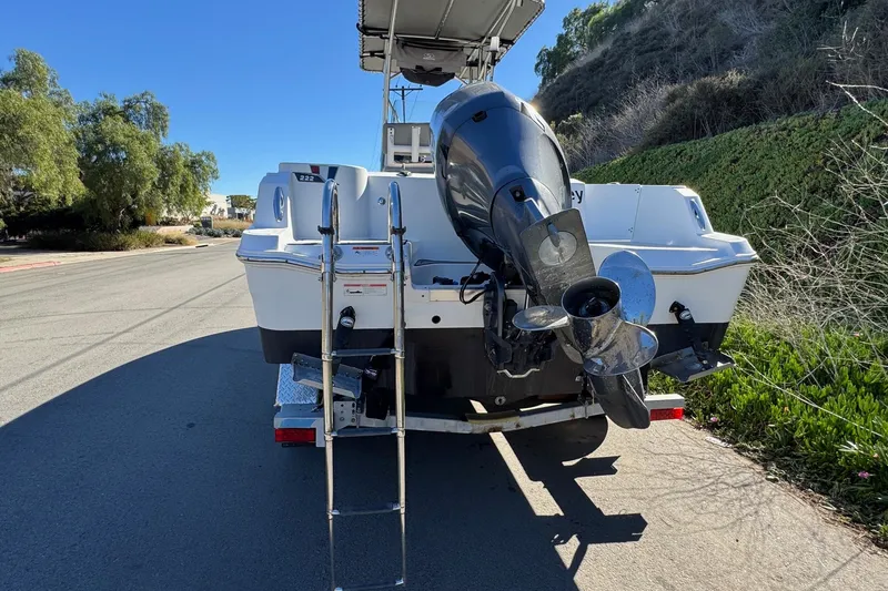 Slide: The Image of 2020 Wellcraft 222 Fisherman boat on trailer, rear view with outboard motor. - 19