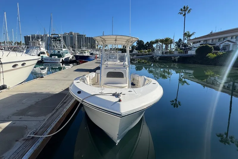 Slide: The Image of 2022 Cobia 237 Center Console boat docked in a serene marina setting. - 11