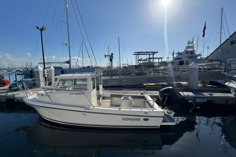 The Image of 2023 Defiance Admiral 220 EX boat docked at a marina under clear skies. - 0