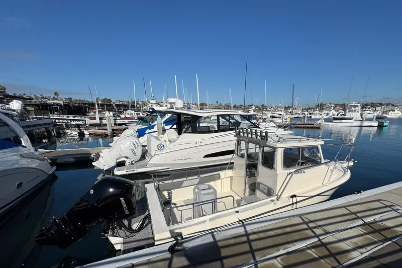 Slide: The Image of 2023 Defiance Admiral 220 EX boat docked in a marina under clear blue skies. - 11
