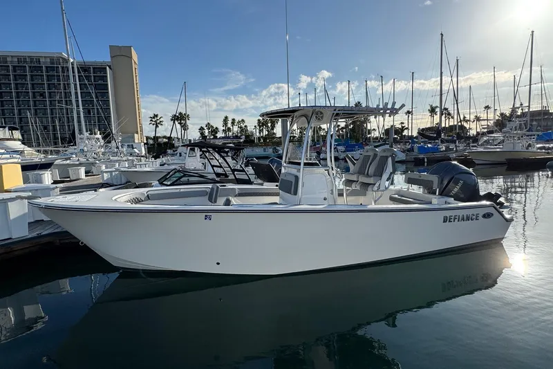 Slide: The Image of 2025 Defiance Catalina 240 boat docked in a marina under a clear sky. - 4