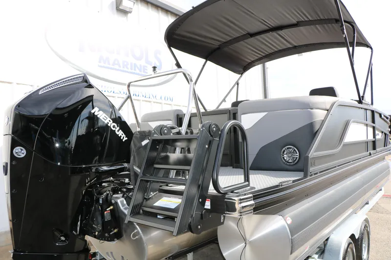 Slide: The Image of 2026 Evotti 521QL pontoon boat with Mercury engine and sleek design. - 11