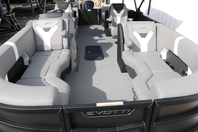 Slide: The Image of Luxurious 2026 Evotti 521QL pontoon boat interior with plush seating and modern design. - 23