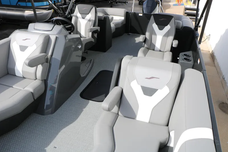 Slide: The Image of 2026 Evotti 521QL boat interior with modern gray and white seating design. - 25