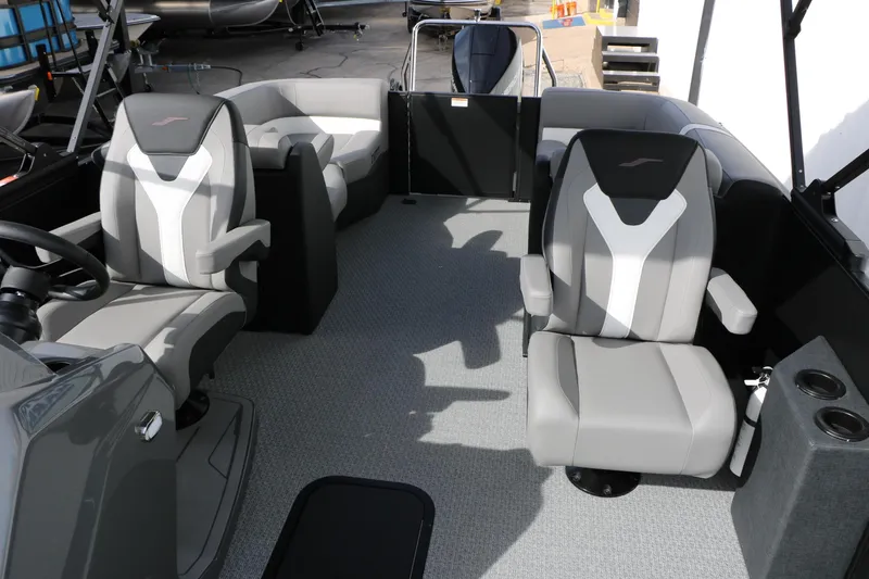 Slide: The Image of Interior of 2026 Evotti 521QL boat with modern seating and sleek design. - 28