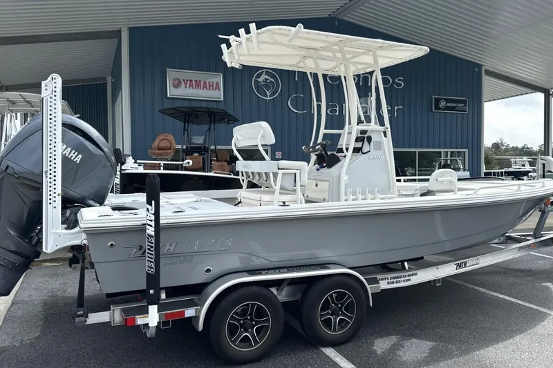 Slide: The Image of 2024 Pathfinder 2200 TRS boat with Yamaha engine on trailer at dealership. - 4