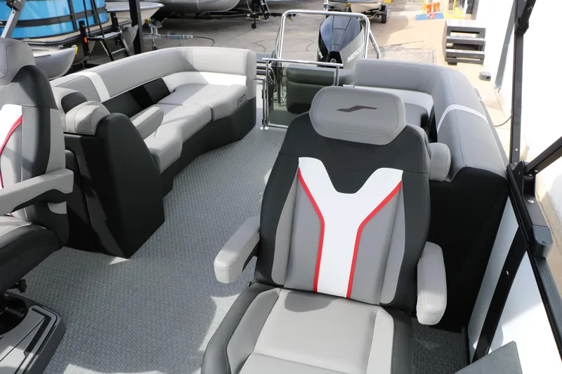 Slide: The Image of Interior of 2026 Evotti 723QL boat with modern seating and sleek design. - 24