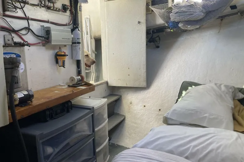 Slide: The Image of Cozy boat interior with dog peeking, featuring storage and bedding, BGM Custom 1986. - 18