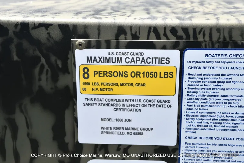 Slide: The Image of Capacity and safety checklist sign for Tracker Grizzly 1860 Jon boat. - 4