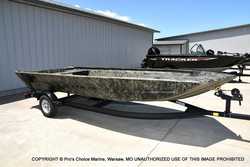 Slide: The Image of 2026 Tracker Grizzly 1860 Jon boat on trailer, side view. - 40