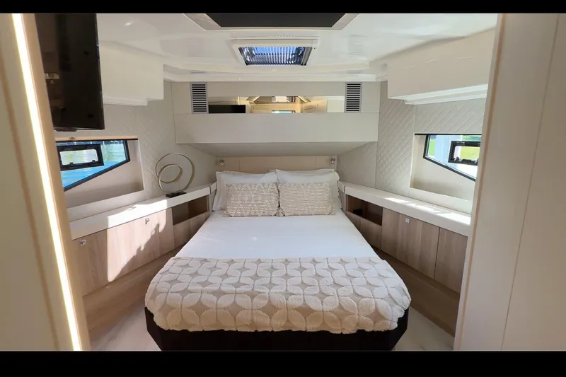 Slide: The Image of Luxurious bedroom interior of 2026 Cobra Yachts Seamaster 45 with modern design and natural light. - 18