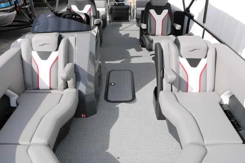 Slide: The Image of Interior of 2026 Evotti 723 QL Tri Toon with luxurious seating. - 21