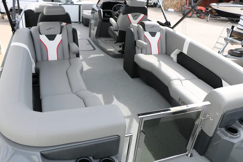 Slide: The Image of Interior of 2026 Evotti 723 QL Tri Toon with gray seating. - 26