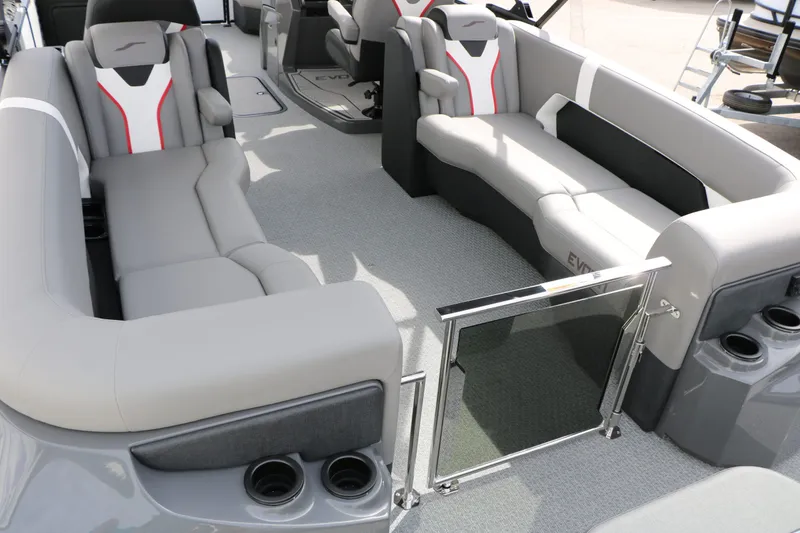 Slide: The Image of Interior of 2026 Evotti 723 QL Tri Toon with gray seating. - 27