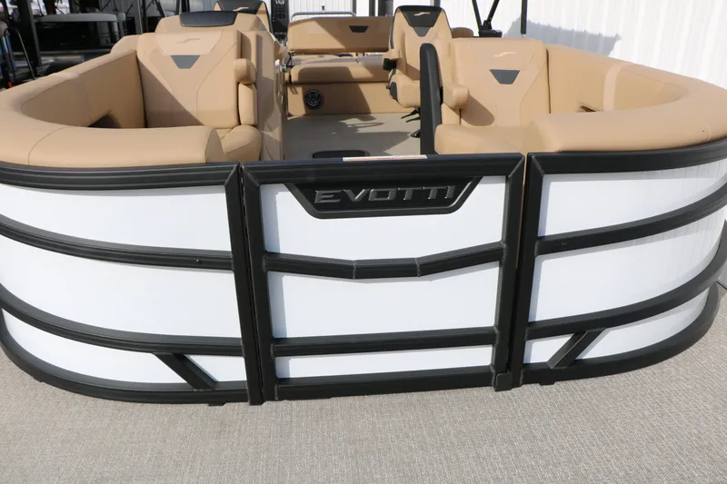 Slide: The Image of Evotti 523 CS Tri Toon pontoon boat, 2026 model, with beige seating. - 17
