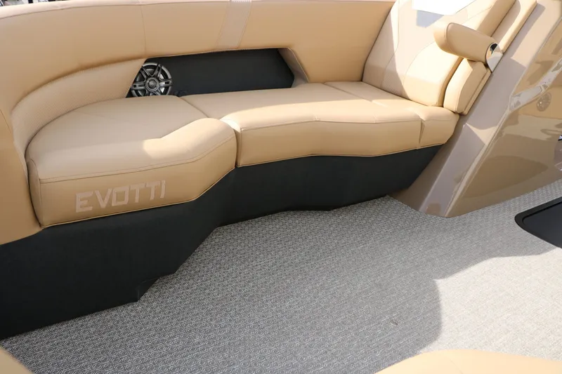 Slide: The Image of Luxurious seating in the 2026 Evotti 523 CS Tri Toon boat. - 21