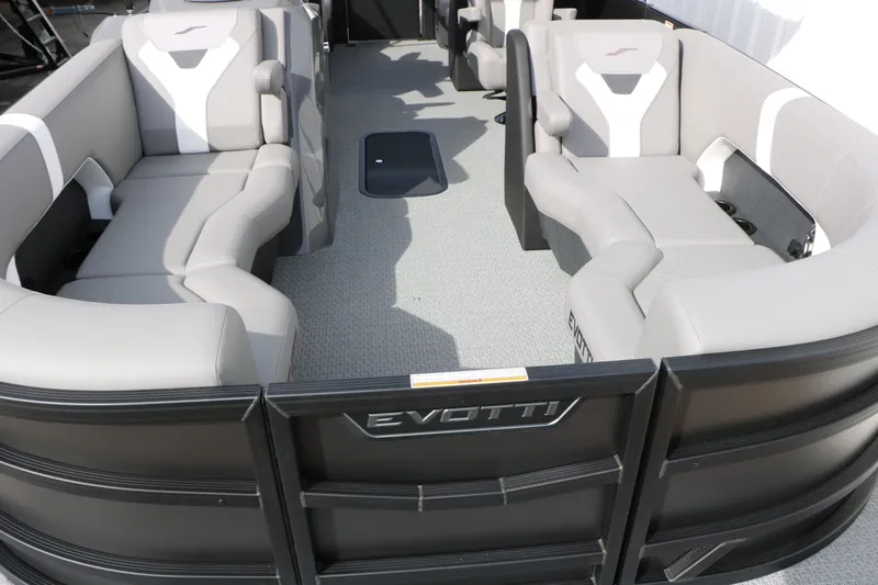 Slide: The Image of Interior of 2026 Evotti 521 QL Tri Toon with gray seating. - 23