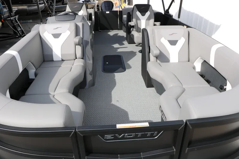Slide: The Image of Interior of 2026 Evotti 521 QL Tri Toon with gray seating. - 24