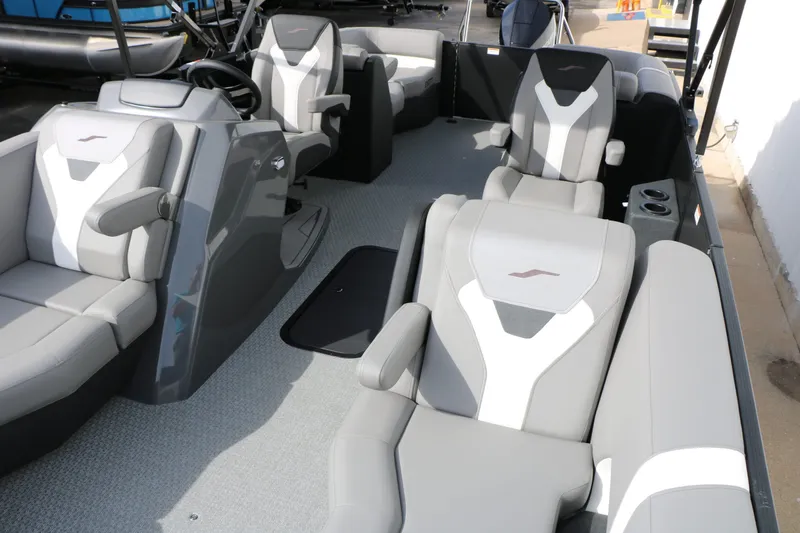 Slide: The Image of Interior of 2026 Evotti 521 QL Tri Toon with gray seating. - 26